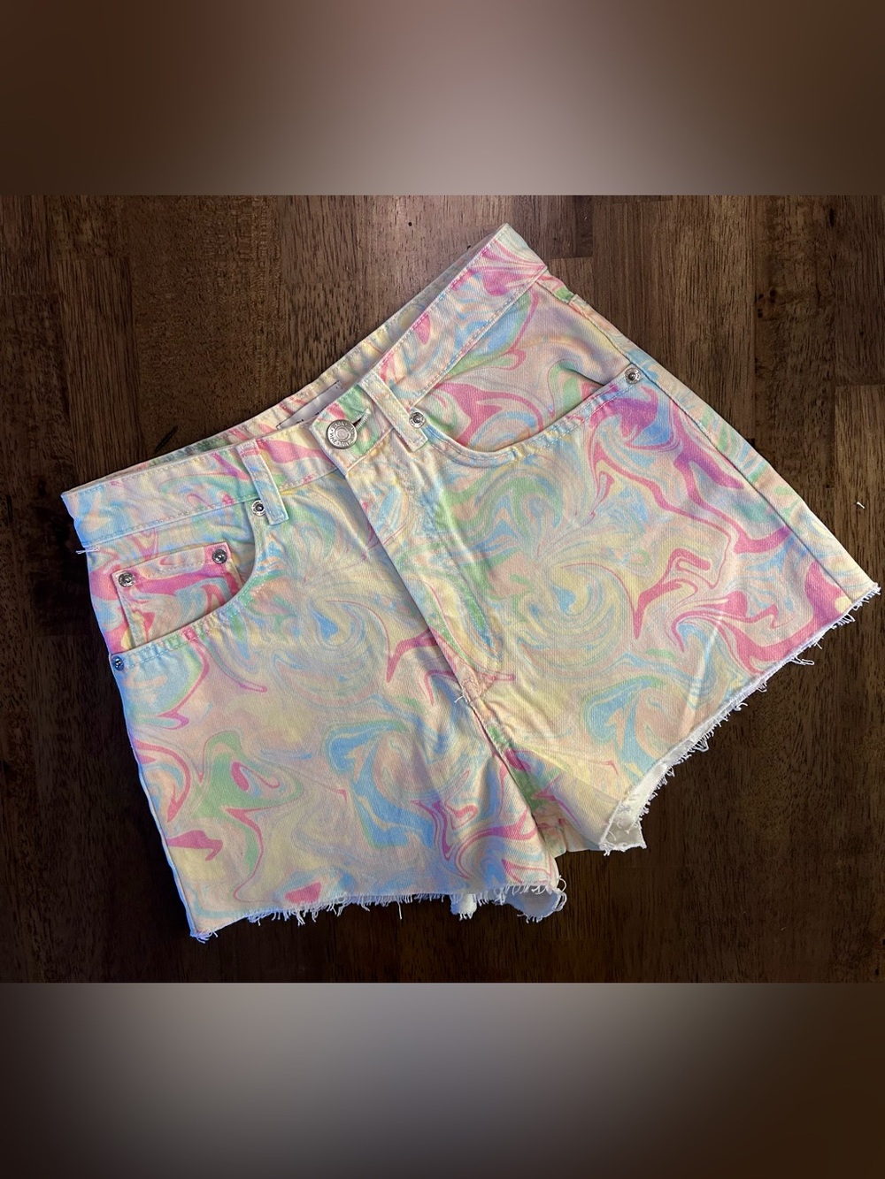 Zara High-Waisted Pastel Swirl Denim Shorts